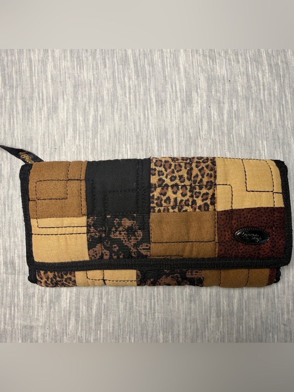 Donna Sharp Quilted Patchwork Leopard Print Trifold Wallet Brown Black Tan